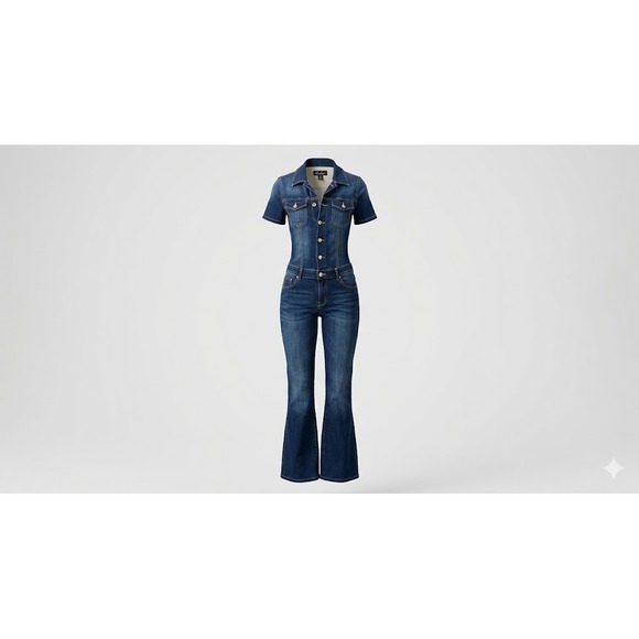 bebe Pants - Vtg Bebe Y2K Denim Jumpsuit M Flare Leg Stretch Catsuit McBling Baddie Moto